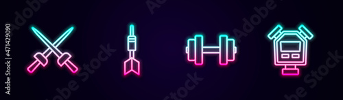 Set line Fencing, Dart arrow, Dumbbell and Stopwatch. Glowing neon icon. Vector