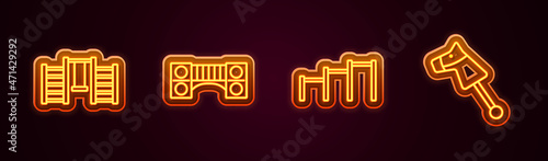 Set line Swedish wall, Playground kids bridge, Sport horizontal bar and Toy horse. Glowing neon icon. Vector