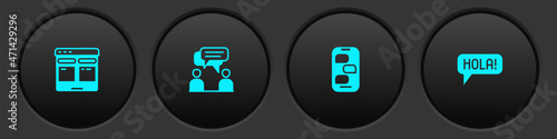 Set Online translator, Two sitting men talking, New chat messages notification and Hola different languages icon. Vector