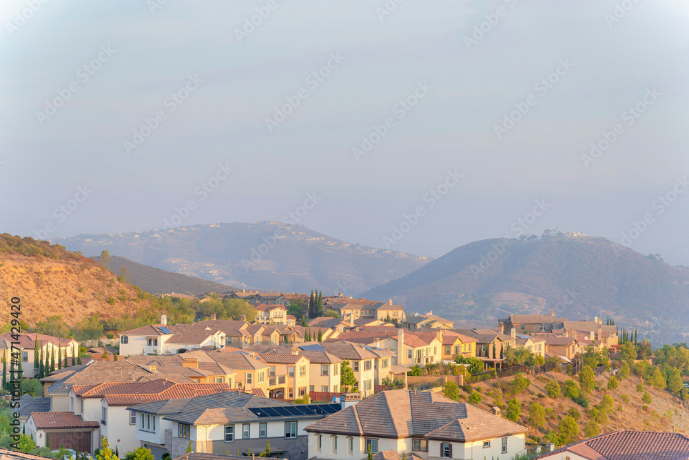 Roofs of suburban houses on Double Peak Park at San Marcos, California