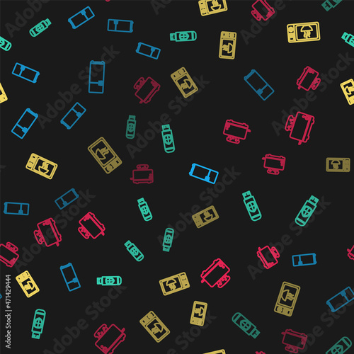 Set line Refrigerator, USB flash drive and shield, Microwave oven and Toaster with toasts on seamless pattern. Vector