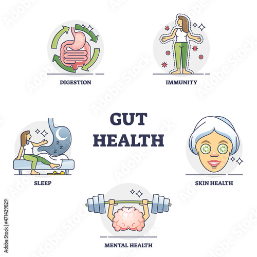 Gut health benefits and medical effect from healthy flora outline collection set. Labeled educational examples with digestion system impact to immunity, sleep, skin and mentality vector illustration.