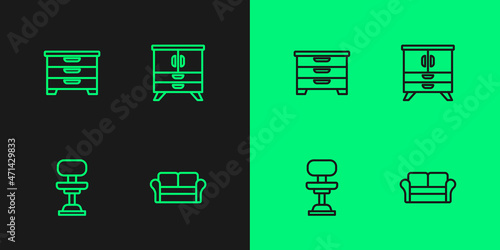 Set line Sofa, Office chair, Chest drawers and icon. Vector