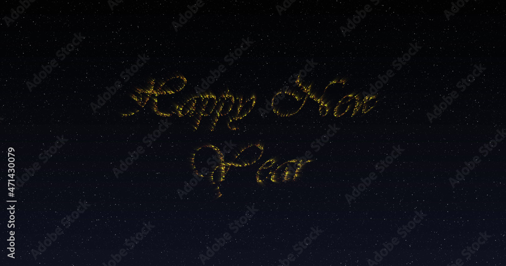 Image of happy new year greetings in shimmering gold letters and fireworks Image of happy new year greetings in shimmering gold letters and fireworks