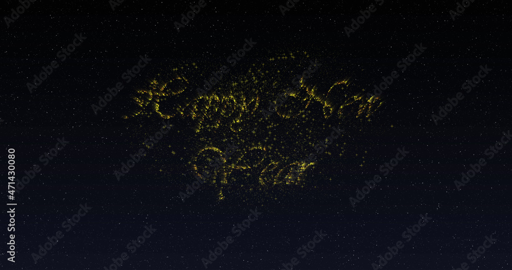 Image of happy new year greetings in shimmering gold letters and fireworks
