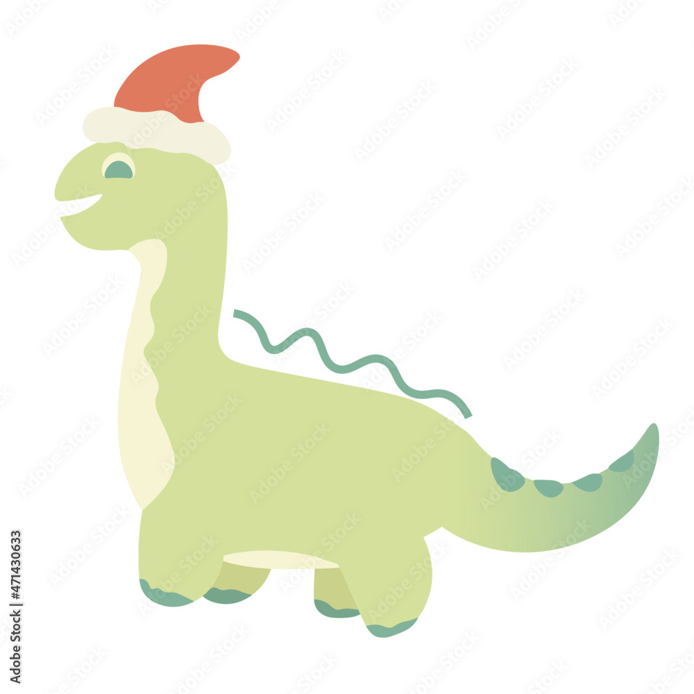 Children's flat illustration of a dinosaur in a Christmas hat