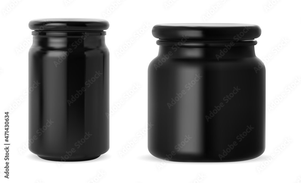 Black jar. Black glass scented candle jar mockup. Glossy cosmetic cream container with cap. Mens cosmetic cylinder package, beauty wax. Elegant cylinder can for salt, supplement or protein powder Black jar. Black glass scented candle jar mockup. Glossy cosmetic cream container with cap. Mens cosmetic cylinder package, beauty wax. Elegant cylinder can for salt, supplement or protein powder