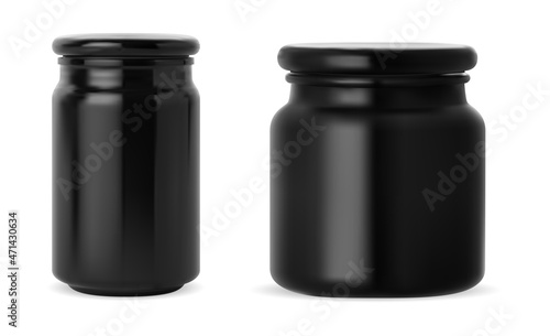 Black jar. Black glass scented candle jar mockup. Glossy cosmetic cream container with cap. Mens cosmetic cylinder package, beauty wax. Elegant cylinder can for salt, supplement or protein powder