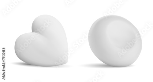 White soap bar isolated. Solid cosmetics butter pack, round shape detergent template. Brand hygiene toiletries, ellipse and heart shape clean blank. Vector mockup of rounded soap bars