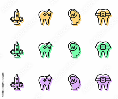 Set line Toothache, Syringe, whitening and Teeth with braces icon. Vector