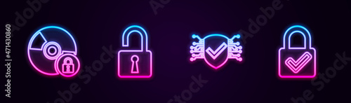 Set line CD or DVD disk with lock, Open padlock, Cyber security and Lock and check mark. Glowing neon icon. Vector
