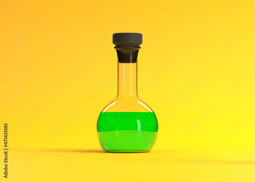 Flask with green liquid on yellow background. Chemistry flask, Laboratory glassware, equipment. Minimal concept. 3d rendering illustration Flask with green liquid on yellow background. Chemistry flask, Laboratory glassware, equipment. Minimal concept. 3d rendering illustration