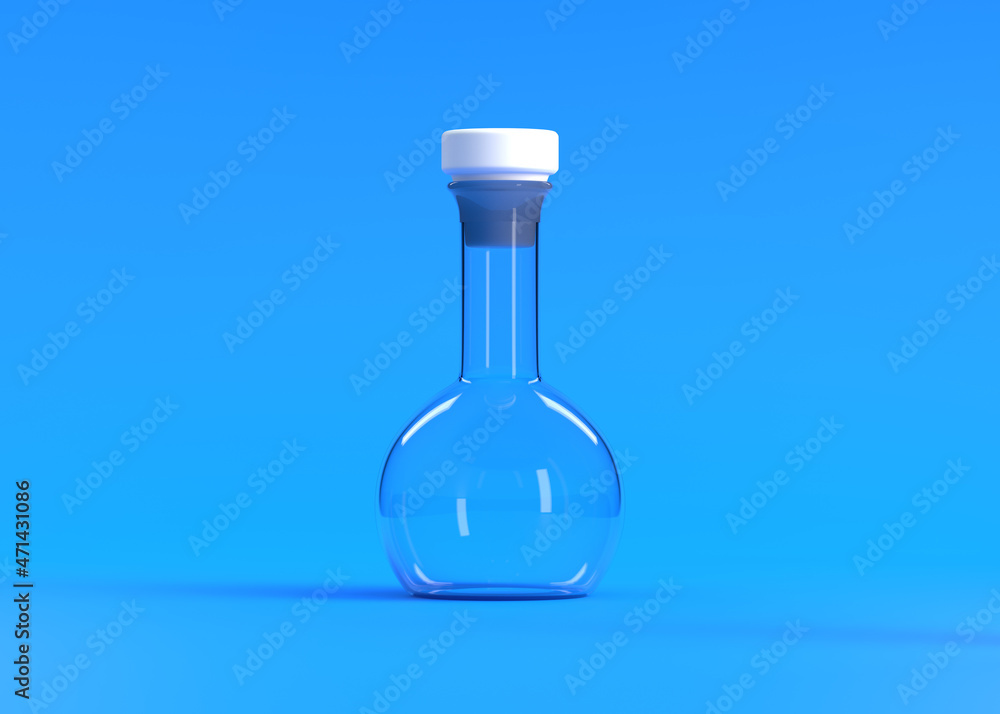Empty flask on blue background. Chemistry flask, Laboratory glassware, equipment. Minimal concept. 3d rendering illustration Empty flask on blue background. Chemistry flask, Laboratory glassware, equipment. Minimal concept. 3d rendering illustration