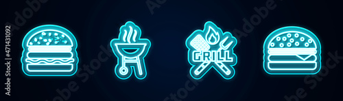 Set line Burger, Barbecue grill, Crossed fork and spatula and . Glowing neon icon. Vector