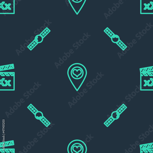 Set line Location with heart, Silicone ball gag and Movie clapper Sex on seamless pattern. Vector