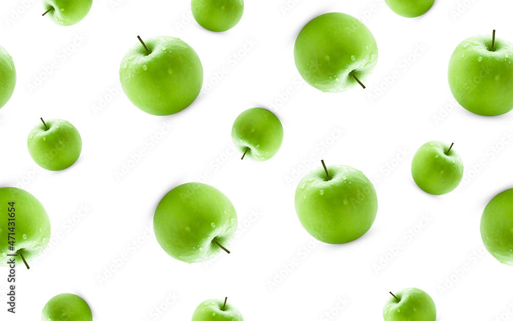 Seamless pattern of juicy green apples with water drops on a white background. Seamless pattern of juicy green apples with water drops on a white background.