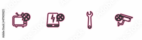 Set line Tv service, Wrench, Power bank and Security camera icon. Vector