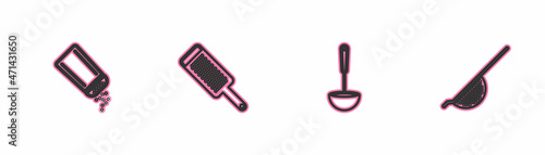Set line Salt and pepper, Kitchen ladle, Grater and colander icon. Vector