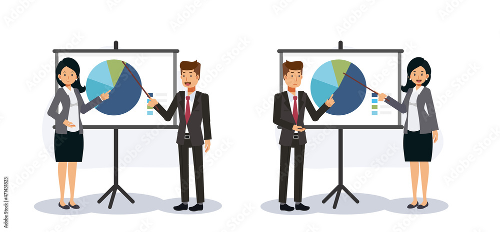 Business concept.Business people is present thing the project,showing graph.Flat vector 2D cartoon character illustration.