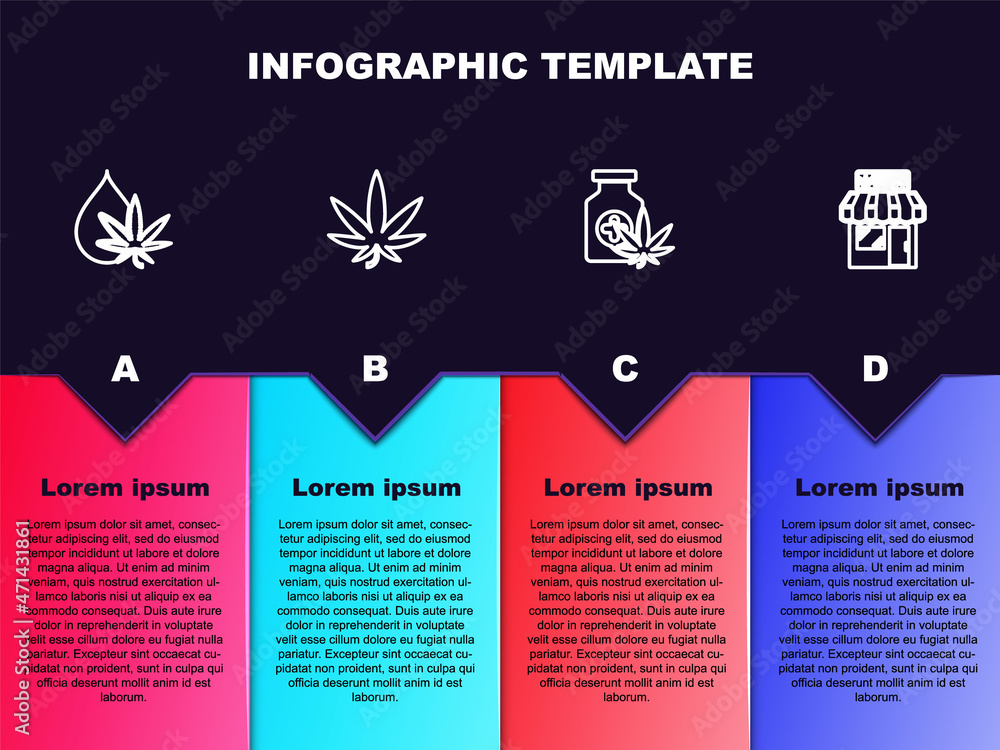 Set line Marijuana or cannabis leaf oil, , Medical bottle with marijuana and and store. Business infographic template. Vector