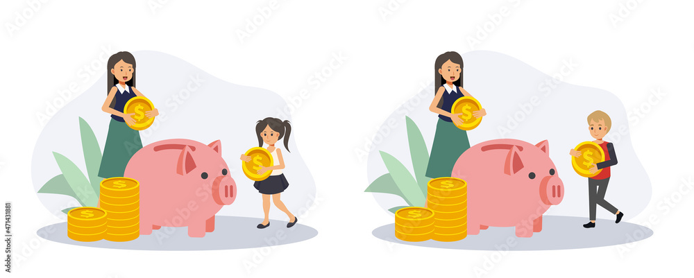 Fototapeta premium Mother is teaching her kid how to save money, Saving money concept ,piggy bank. Flat vector 2D cartoon character illustration.