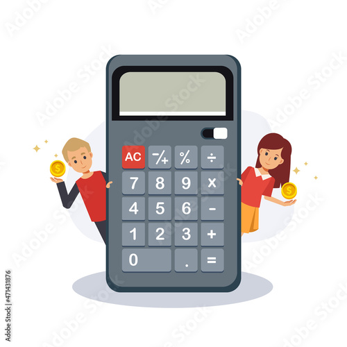 Savings money concept finance, Kid collected money.kid with big calculator.Flat vector 2D cartoon character illustration.