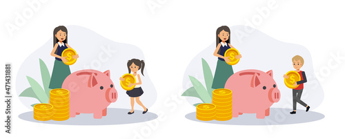 Mother is teaching her kid how to save money  Saving money concept  piggy bank. Flat vector 2D cartoon character illustration.