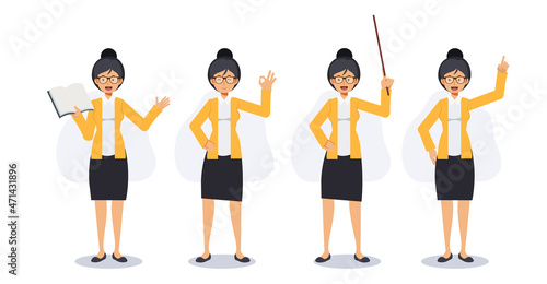 Set of female teacher, smile happy teacher in various gesture, teaching , ok hand.Flat vector 2d cartoon character illustration.