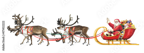 Watercolor Santa Claus on a sleigh with toys D