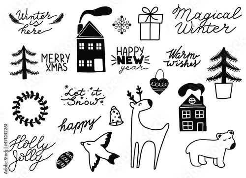 Collection of Scandinavian Merry Christmas And Happy New Year elements. Hand drawn lettering phrases. Vector illustration