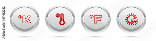 Set line Kelvin, Meteorology thermometer, Fahrenheit and UV protection. Silver circle button. Vector