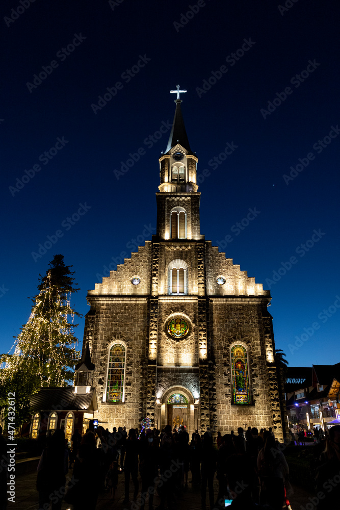 Gramado, Rio Grande do Sul, Brazil - November 20, 2021: night lighting of São Pedro church in the tourist city of Gramado