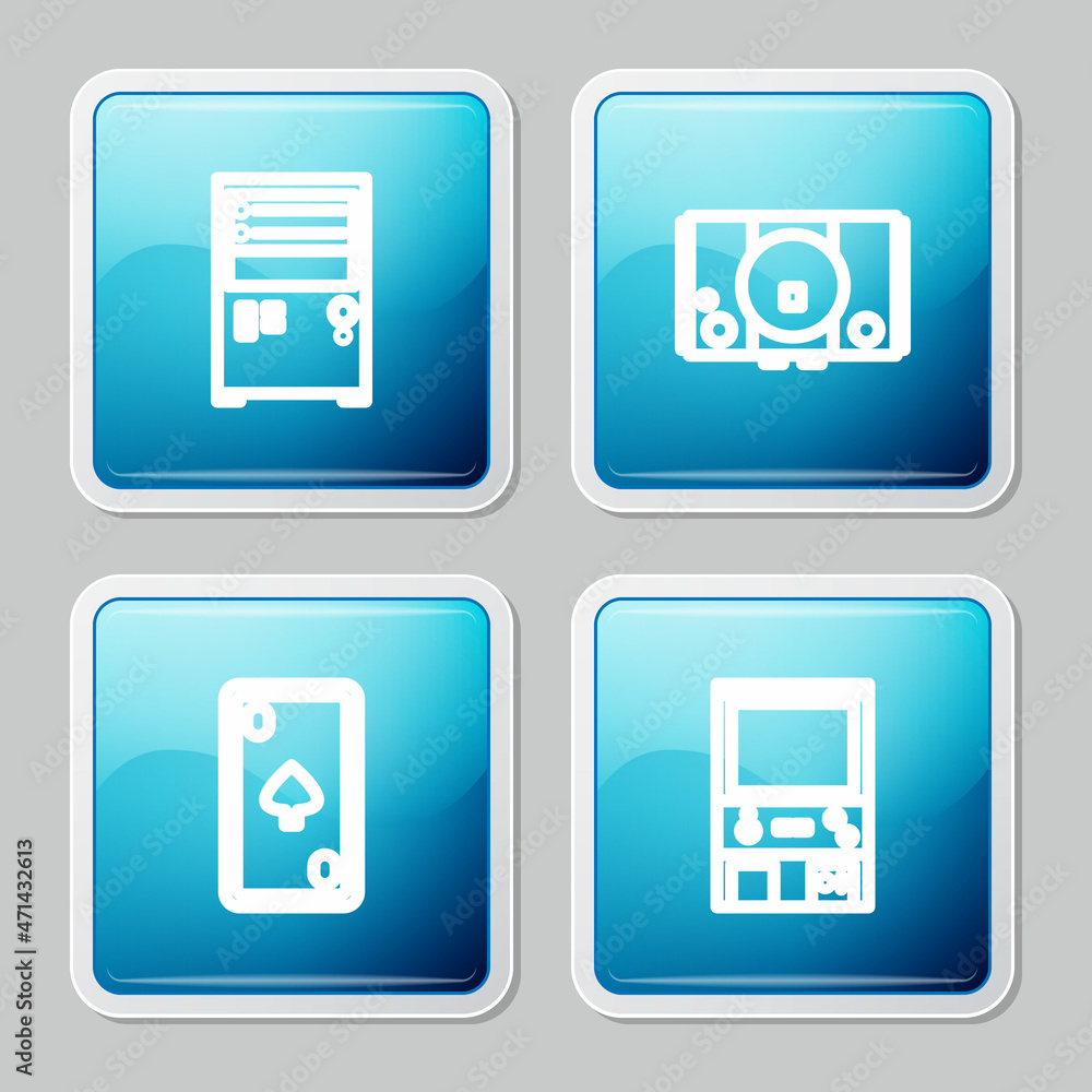 Set line Computer, Video game console, Playing card with diamonds and Retro arcade machine icon. Vector Set line Computer, Video game console, Playing card with diamonds and Retro arcade machine icon. Vector