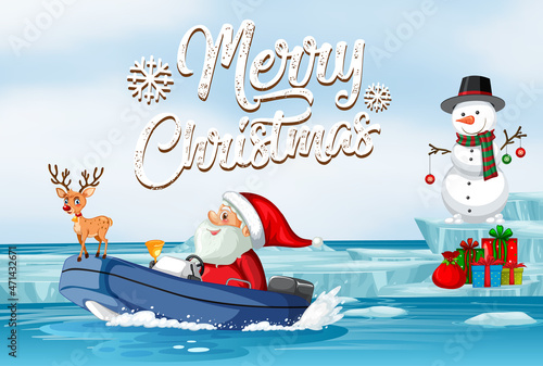 Merry Christmas poster with Santa driving boat
