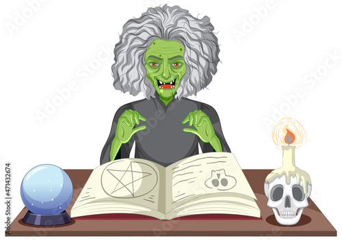Wicked old witch with magic spell book