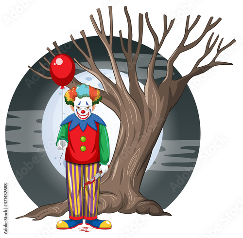 Scary clown holding balloon on full moon background