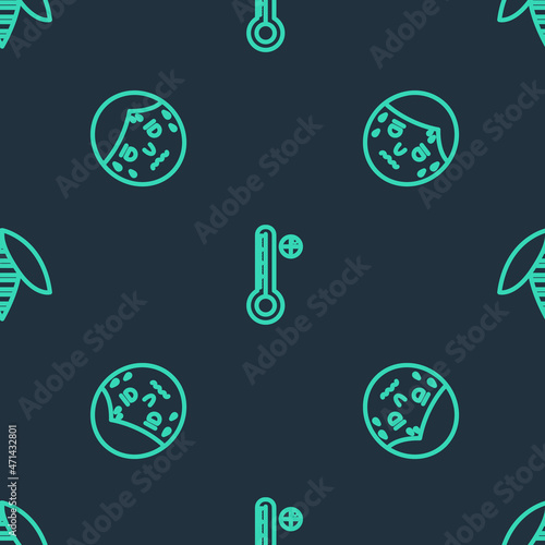 Set line Medical digital thermometer, Man with excessive sweating and Bee on seamless pattern. Vector
