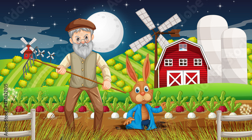 Farm at night scene with old farmer man and a rabbit