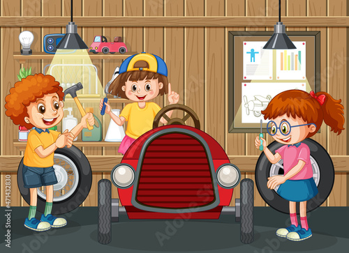 Garage scene with children fixing a car together