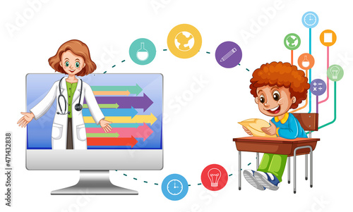 School boy with computer and education icons