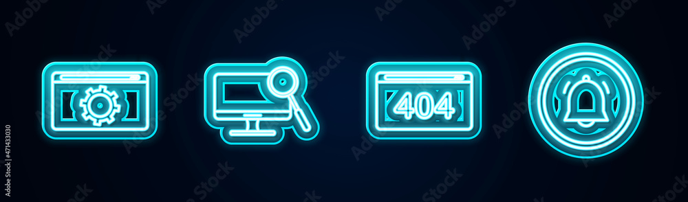 Set line Setting, Computer monitor diagnostics, Page with 404 error and Button chat notification. Glowing neon icon. Vector Set line Setting, Computer monitor diagnostics, Page with 404 error and Button chat notification. Glowing neon icon. Vector
