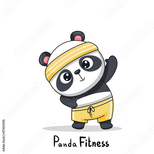 The cute panda do exercises. Sports activities. Postcard in cartoon kawaii style. Vector for design, banners, children's books and patterns