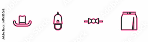 Set line Man hat, Bow tie, Police cap with cockade and Skirt icon. Vector