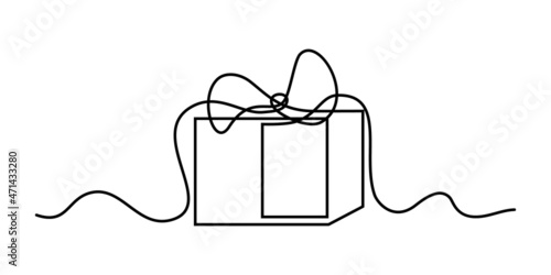 Gift box in continuous line art drawing style. Wrapped present package with decorative ribbon bow minimalist black linear sketch isolated on white background. Vector illustration