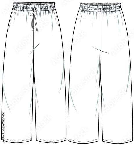 Women Elasticated Waist String Bow Wide Leg Pant, Pajama Pants with String Bow,  Men's, women, Unisex Fashion Illustration, Vector, CAD, Technical Drawing, Flat drawing.