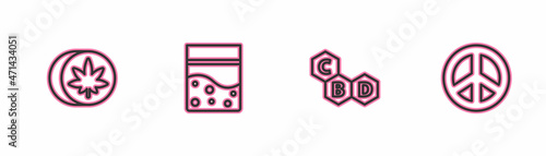Set line Herbal ecstasy tablets, Cannabis molecule, Plastic bag of cannabis and Peace icon. Vector