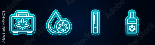 Set line Shopping box of marijuana, Marijuana or cannabis olive oil, joint and . Glowing neon icon. Vector