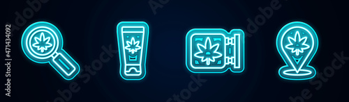Set line Magnifying glass and marijuana, Medical cream with, Marijuana cannabis store and Location. Glowing neon icon. Vector