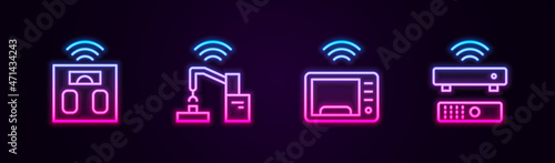 Set line Smart bathroom scales, Robotic robot arm hand factory, microwave oven and Wireless TV box receiver. Glowing neon icon. Vector