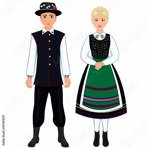 Woman and man in folk national Polish costumes. Vector illustration